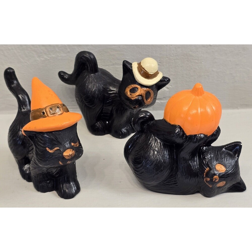 Black Cat Halloween Figurine Lot 3 Witch Hat Pumpkin Mask Vtg Ceramic Mold Set